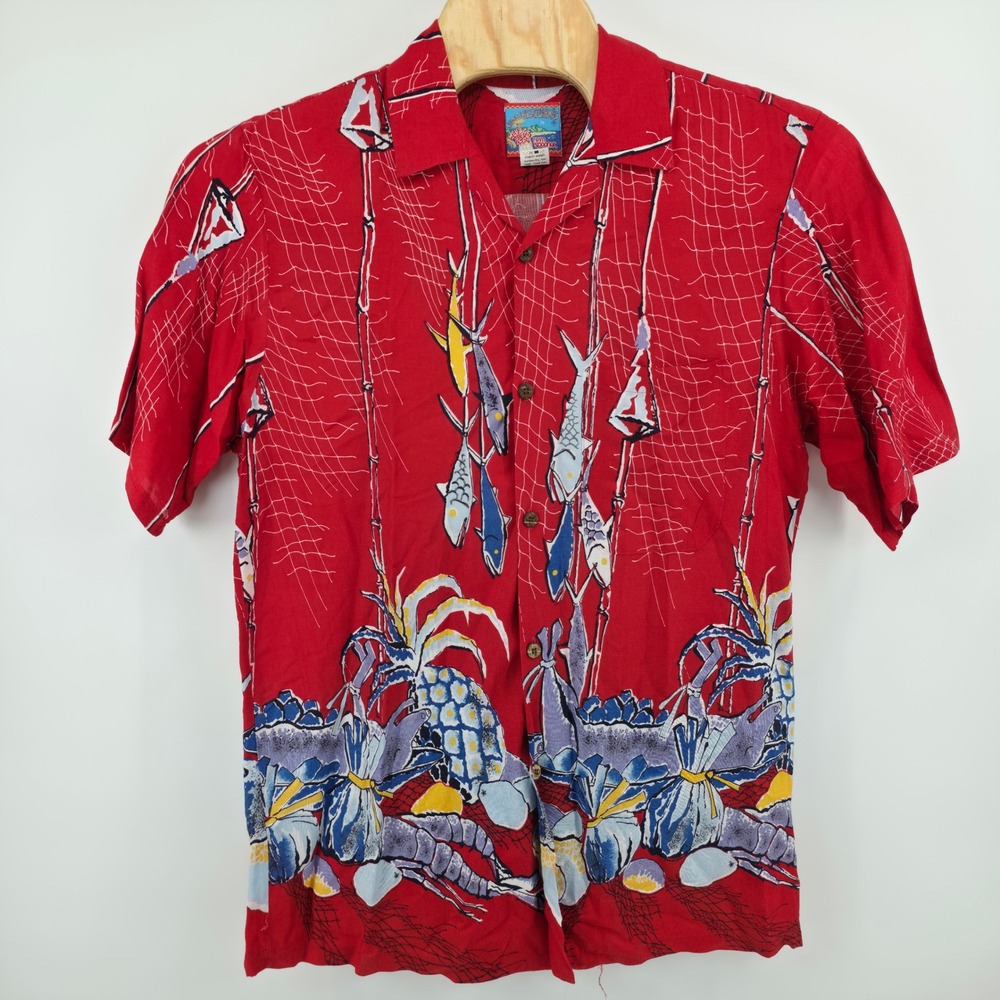 Reyn Spooner Joe Kealohas Hawaiian Shirt Mens L Red Rayon Fish Lobster Print